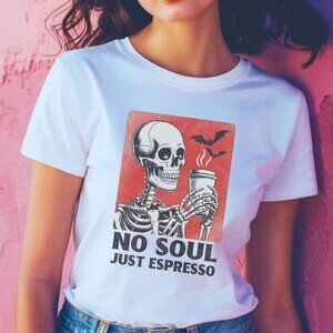 Funny Halloween Graphic Tee Spooky Skeleton Coffee Vintage Style T-Shirt